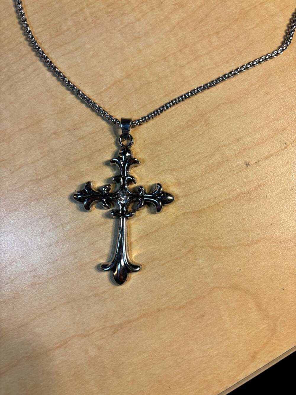 Gothic Cross Pendant Necklace Silver Ornate Rhinestone Acubi Style